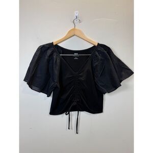 Maeve Women's Size Small Black Cinched Flutter-Sleeve Crop Top V-Neck